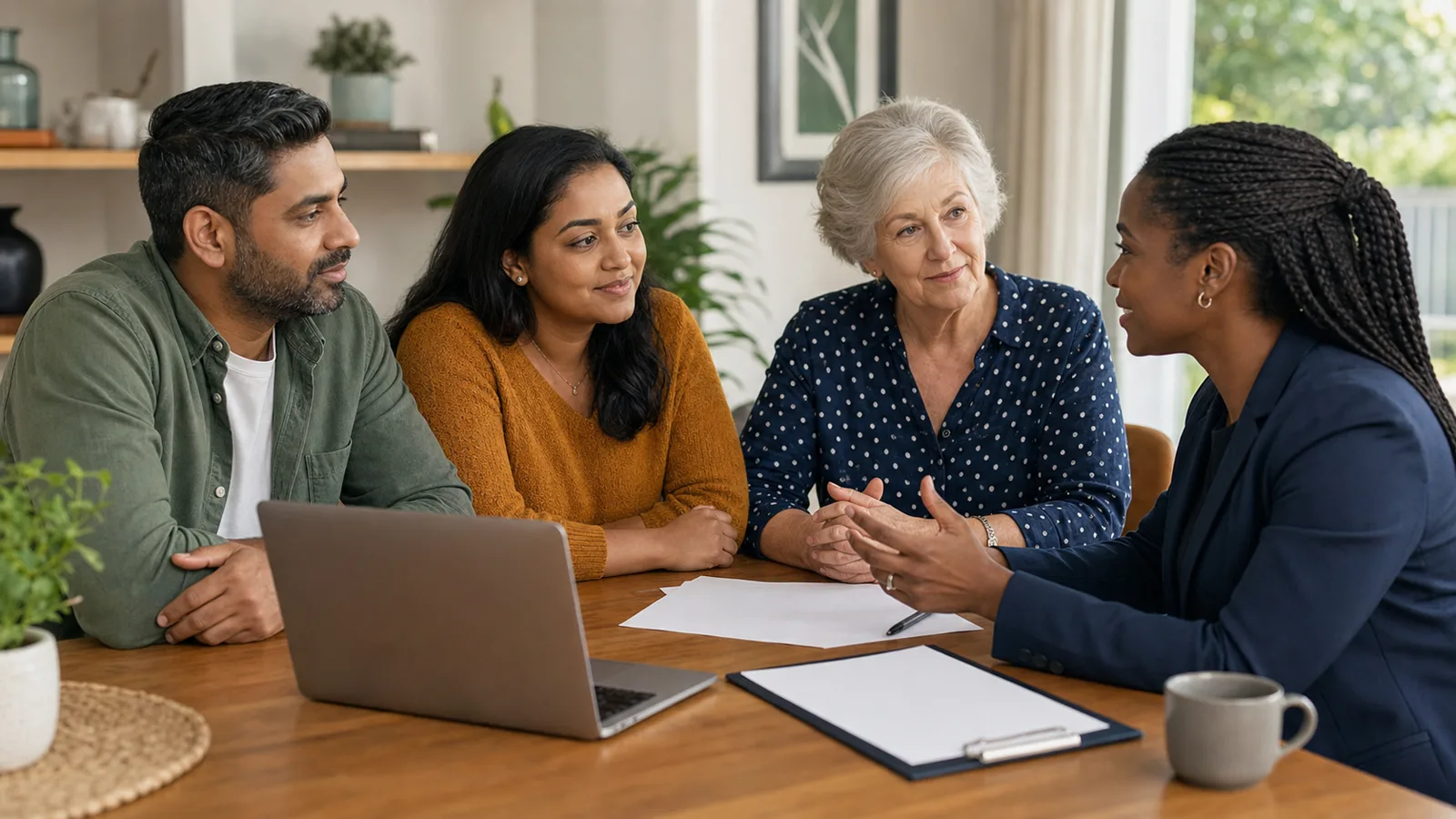 Diverse family and broker-style advisor discussing personal insurance questions with blank documents.