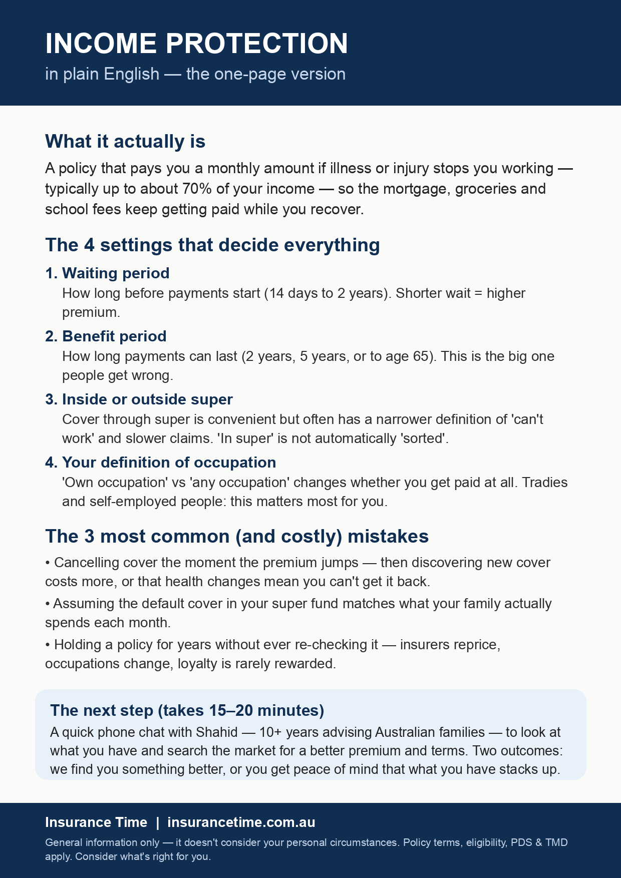 Income Protection in plain English — the one-page guide: what it is, the 4 settings that decide everything (waiting period, benefit period, inside or outside super, your definition of occupation), the 3 most common and costly mistakes, and the 15–20 minute premium check next step.